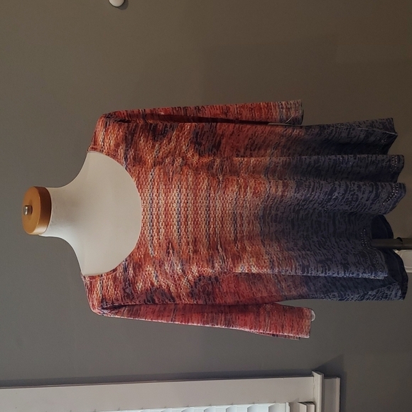 ONE WORLD Tops - Colorful Blue and Orange/Red Patterned Tunic